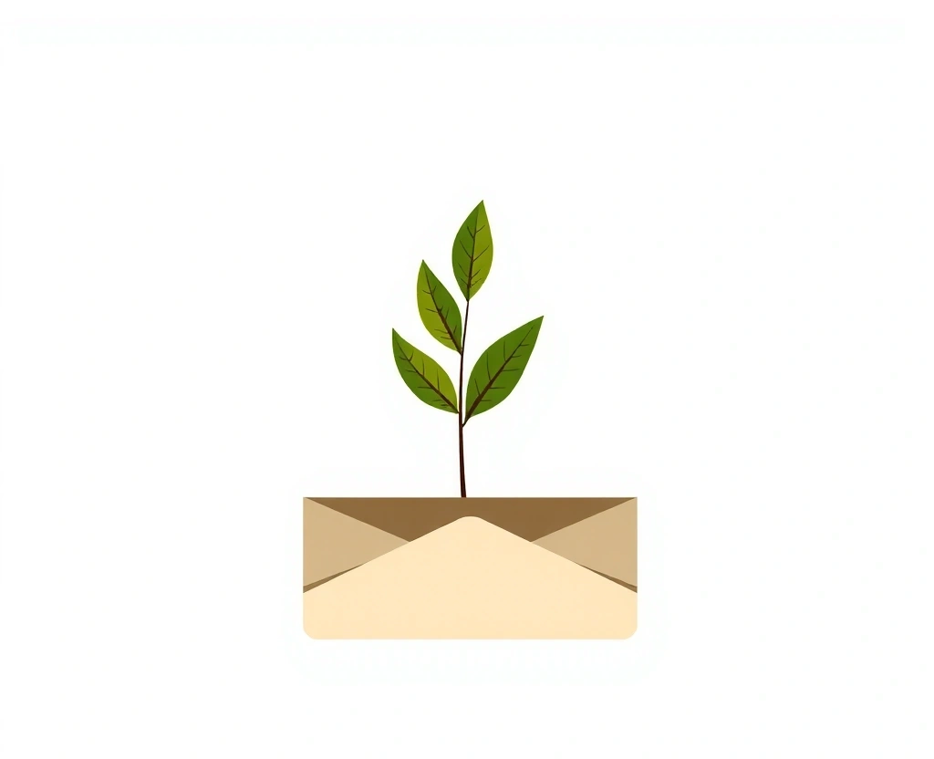 Ilustrație minimalistă a unui plic cu o frunză, simbolizând actualizări de sănătate naturală