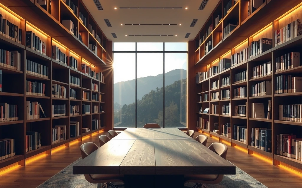O bibliotecă modernă cu rafturi pline de cărți și lumina caldă, un simbol al cunoașterii și învățării
