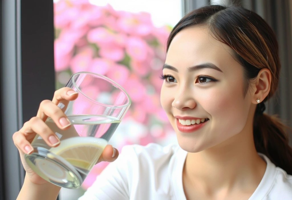 Persoană bucuroasă care bea apă dintr-un pahar