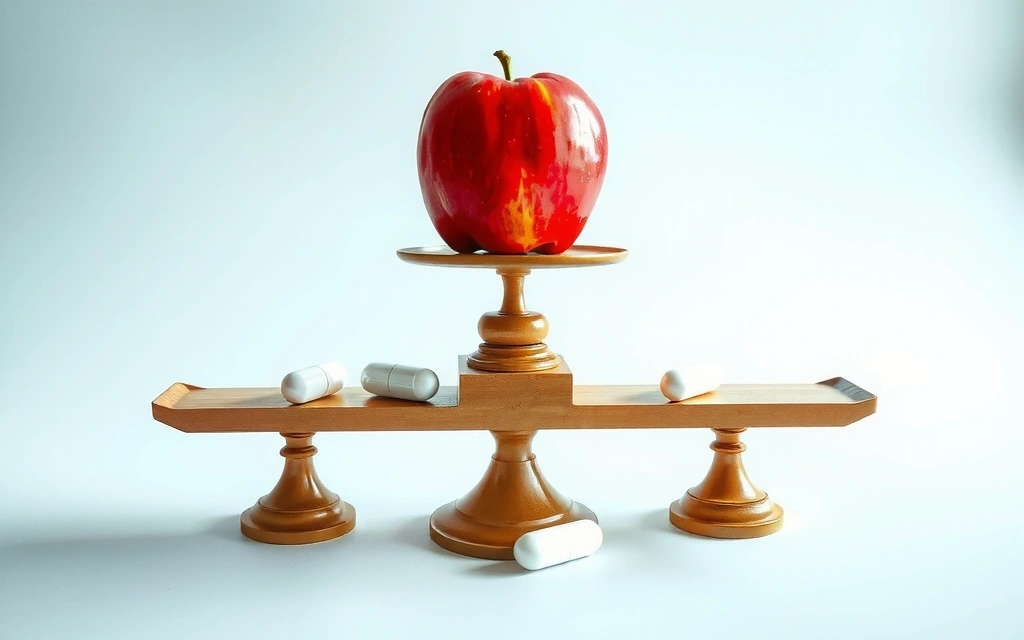O balanță stilizată care echilibrează un măr pe o parte și o pastilă pe cealaltă, simbolizând echilibrul între alimentație și suplimente.