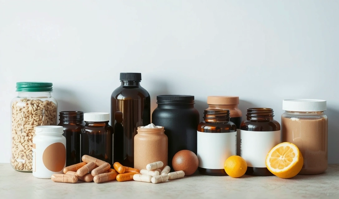 O colecție diversă de suplimente alimentare, incluzând pastile, pulberi și lichide, aranjate estetic pe o suprafață curată, cu o lumină moale, sugerând sănătate și bunăstare.