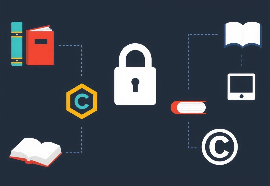 Ilustrație cu simboluri de proprietate intelectuală și drepturi de autor, cum ar fi un lacăt, o carte și un simbol de copyright