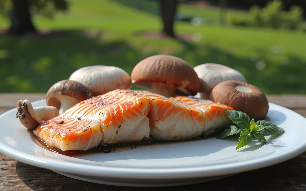 Scenă însorită cu pește gras și ciuperci, simbolizând surse de Vitamina D